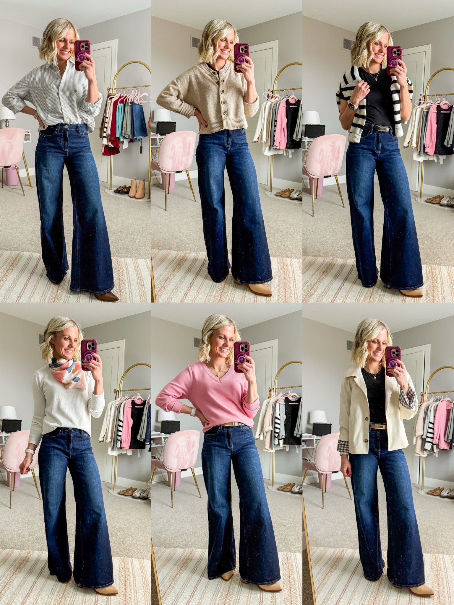 How to wear palazzo jeans! 
Jeans- 25
Button-down- xs
Cardigan- xs
T-shirt- small
Sweater-small
White sweater- small
Pink sweater- small
Jacket- smalll

#LTKOver40 #LTKPetite #LTKSeasonal
