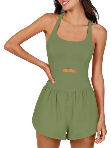 ANRABESS Womens Athletic Workout Romper Summer Running Onesie Exercise Jumpsuits One Piece Outfits Gym Yoga Clothes army green Large | Amazon (US)