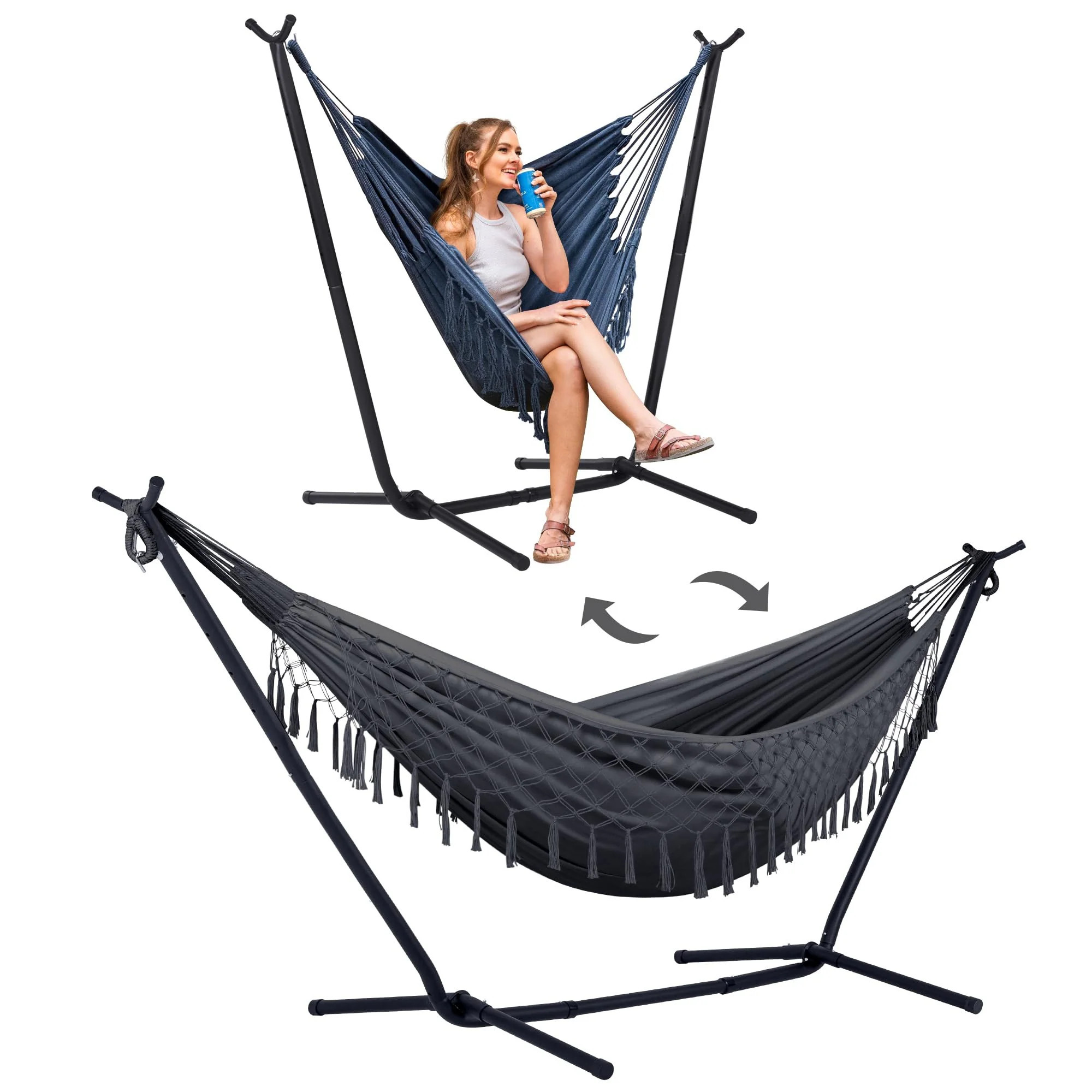 Justincity 2 in 1 Convertible Portable Double Hammock with Stand Set Includes Hammock Chair Adjustable Heavy Duty Poly Cotton 144 in x 59 in Grey | Lowe's