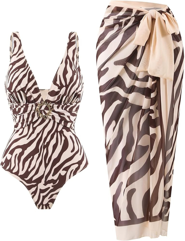 SherryDC One Piece Swimsuit with Cover up Wrap Skirt Sarong Floral Print Plunge V Neck Bathing Su... | Amazon (US)