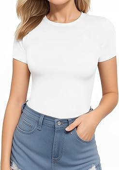 MANGOPOP Women's Round Neck Short Sleeve T Shirts Basic Bodysuits | Amazon (US)