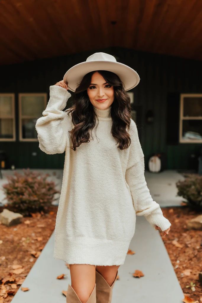 Hazel Fuzzy High Neck Sweater Dress | She Is Boutique