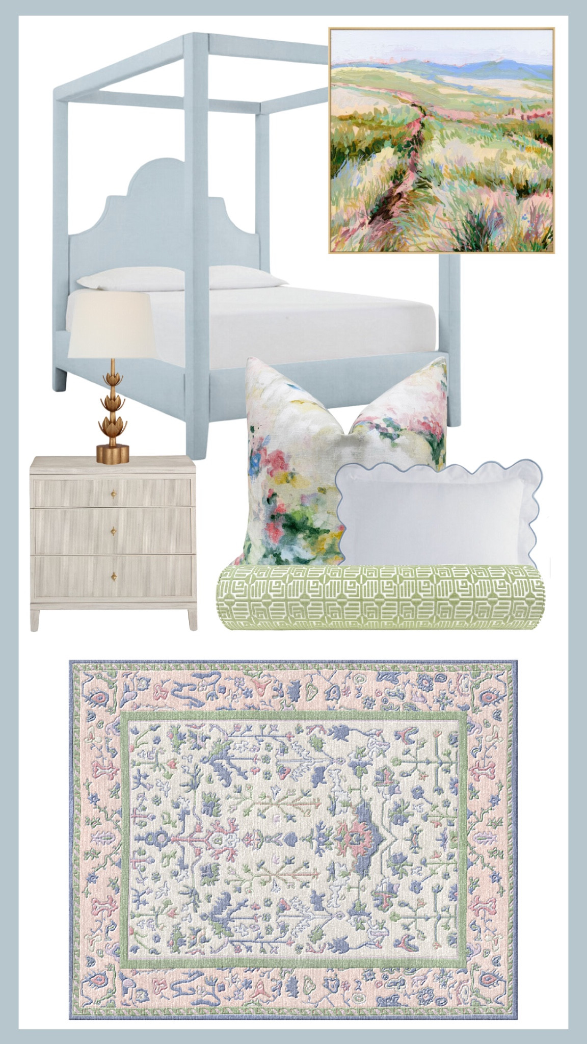 Canopy upholstered bed. Blue bed. Landscape abstract art. Gold lamp. Nightstand. Throw pillows. Bolster pillow. Oushak rug. 

DM me at @reasonfortheloom for more info on this rug 

#LTKHome