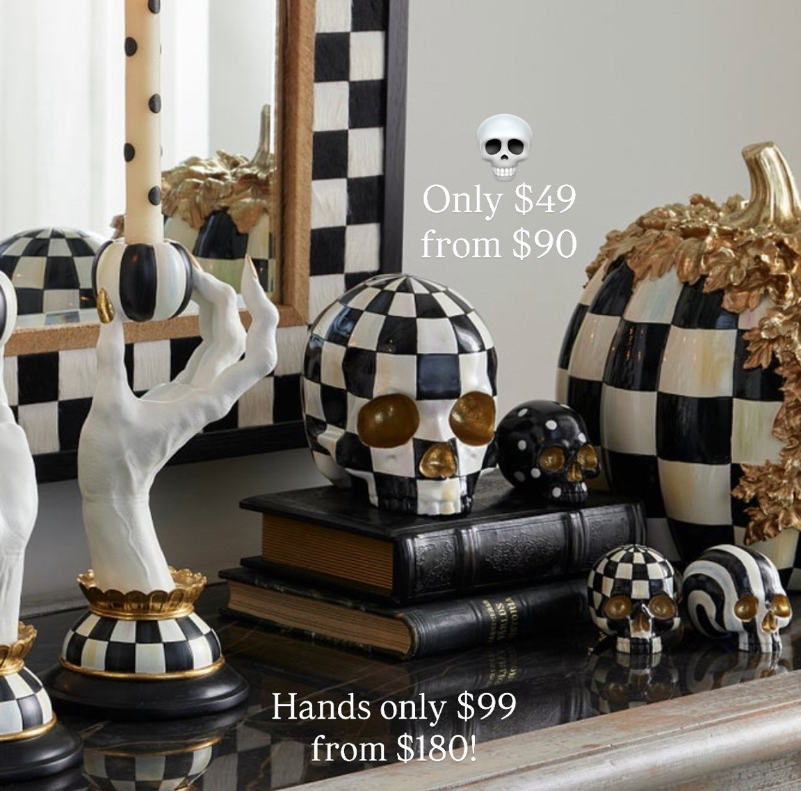 And my courtly check skull and skeleton hands candle holders have been restocked! They’re on the 
 @MacKenzie-Childs barn sale and marked way down!!

Halloween, Halloween decor
