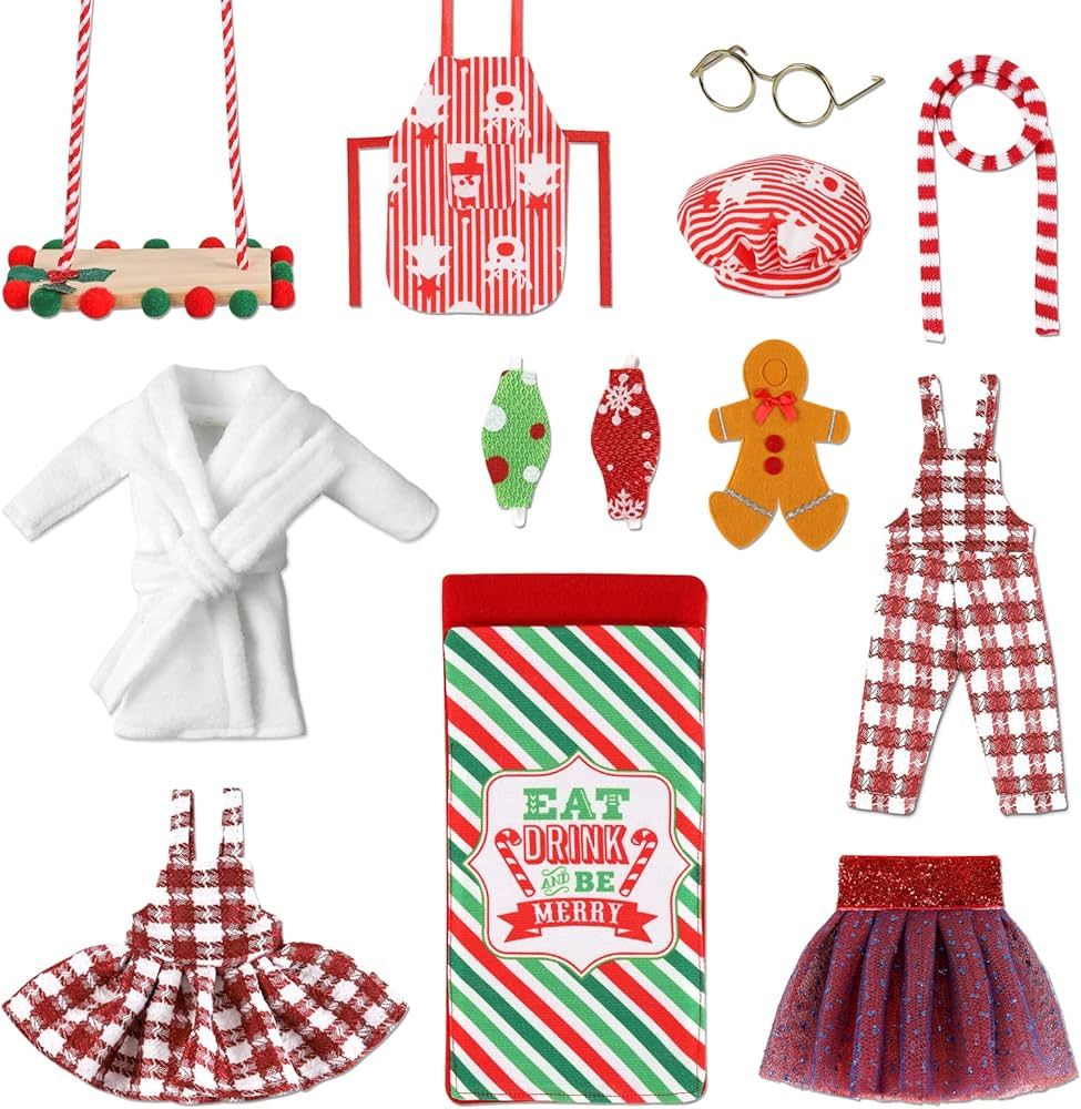 13Pcs Christmas Elf Clothes and Accessories Kit Elf Doll Costume Sleeping Bag Wooden Swing Bathro... | Amazon (US)