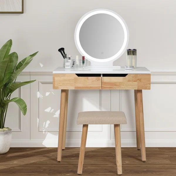 Rowell Vanity Table Set with 3 Modes Adjustable Brightness Mirror and Free Make-up Organizer | Wayfair North America