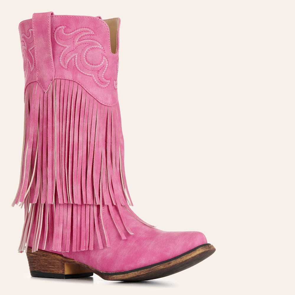 Roper Girls' Rickrack Pink Faux Leather Fringe Snip Toe Cowboy Boots | Cavender's