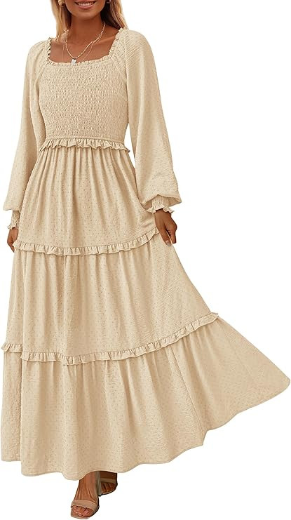 PRETTYGARDEN Women's Long Sleeve Smocked Maxi Dress Casual Square Neck Swiss Dot Tiered Ruffle Fl... | Amazon (US)