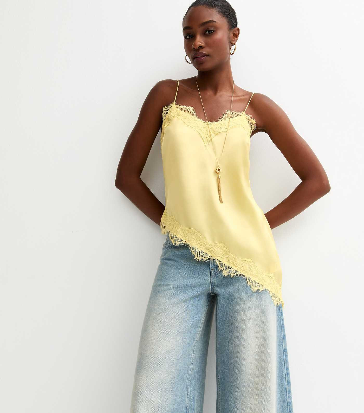 Yellow Asymmetric Lace Cami Top | New Look | New Look (UK)