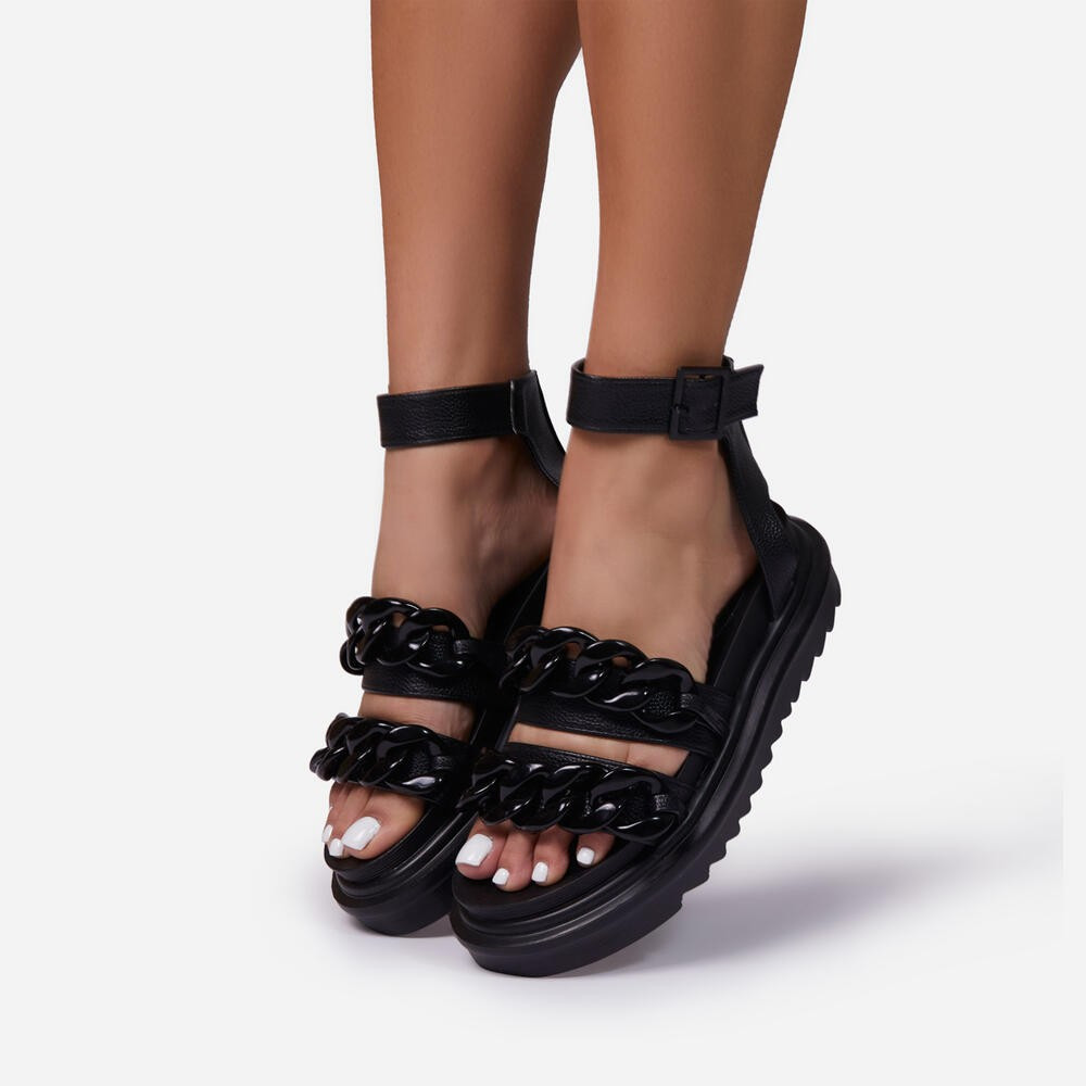 Lottie Chain Detail Chunky Sole Flat Gladiator Sandal In Black Faux Leather | EGO Shoes (US & Canada)