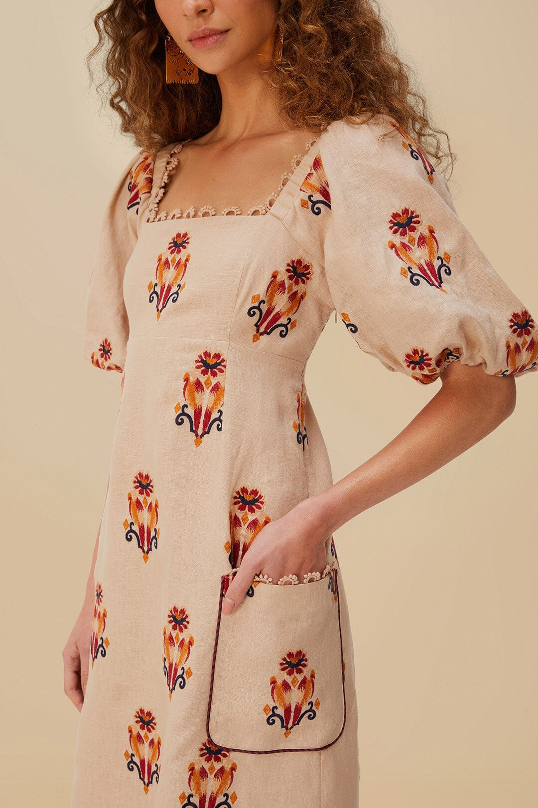 Rose Embroidered Macaw Euroflax™ Premium Linen Maxi Dress | FarmRio (US)