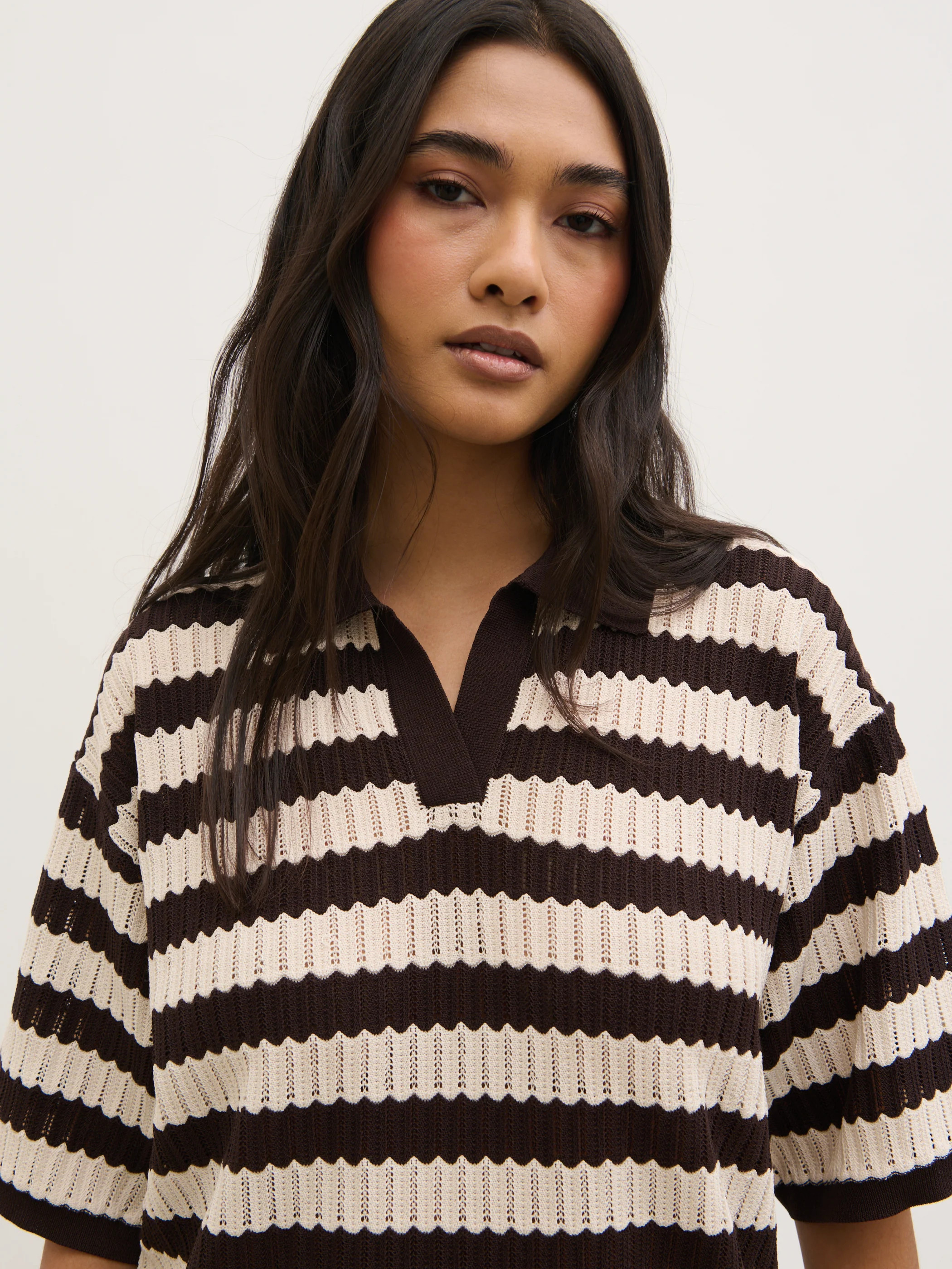 Venezia Stripe Knit Polo Top - Brown and Cream | Pretty Lavish (UK)
