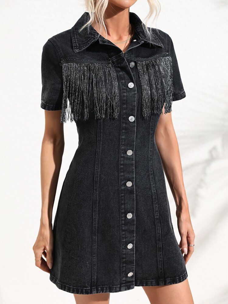 Fringe Trim Button Front Shirt Denim Dress | SHEIN