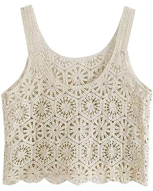 (One Size/Suitable for Height 155-160)、Women Crochet Cropped Tank Tops, Boho Hollow Out Floral ... | Amazon (US)