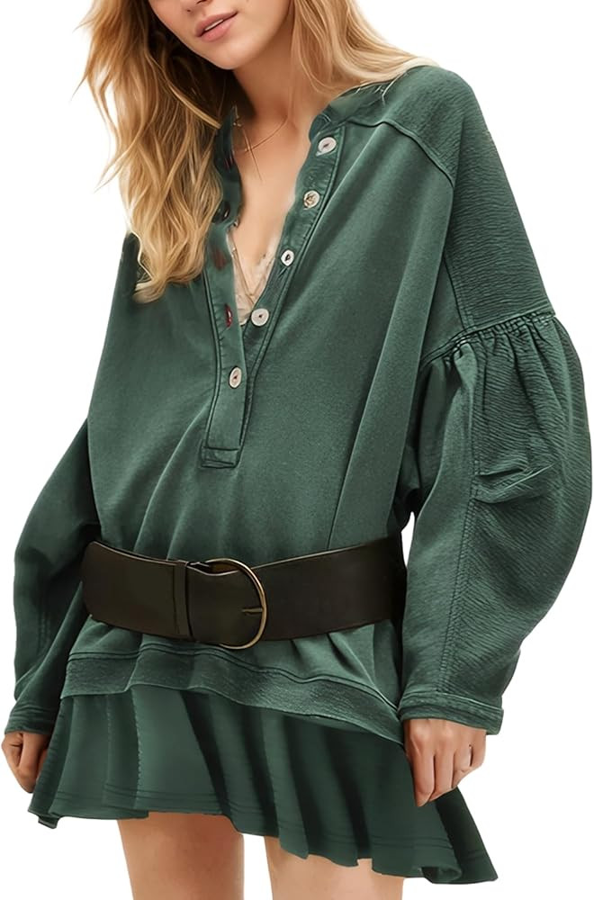 D-Sun Women Casual Oversized Sweatshirt Mini Dress Long Sleeves V-Neck Button Down Ruffled A-line... | Amazon (US)