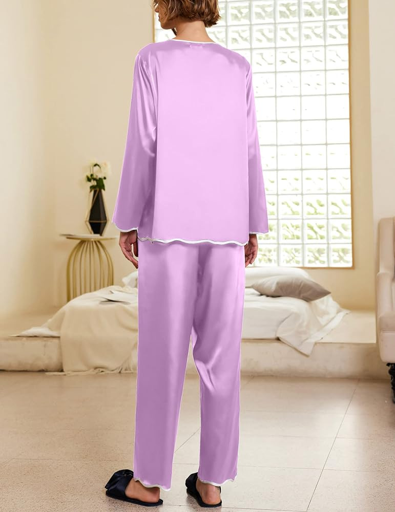 eshion Silk Pajama Set Women's Long Sleeve Sleepwear Soft Satin Top and Pants Set Button Down Lounge | Amazon (US)