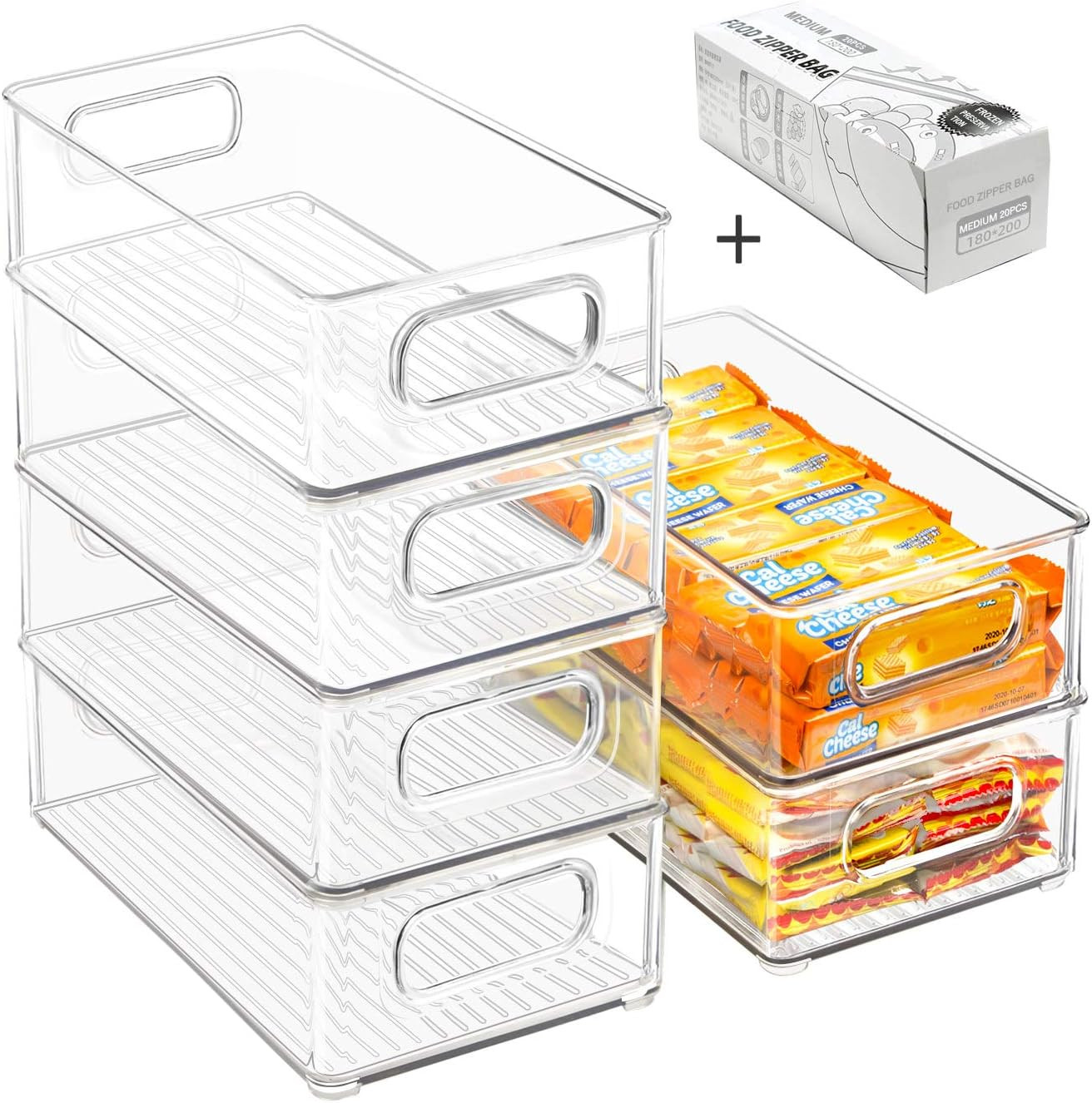 Stackable Refrigerator Organizer Bins, 6 Pack Clear Kitchen Organizer Container Bins with Handles and 20 PCS Plastic Bags for Pantry, Cabinets, Shelves, Drawer, Freezer - Food Safe, BPA Free 10"L | Amazon (US)