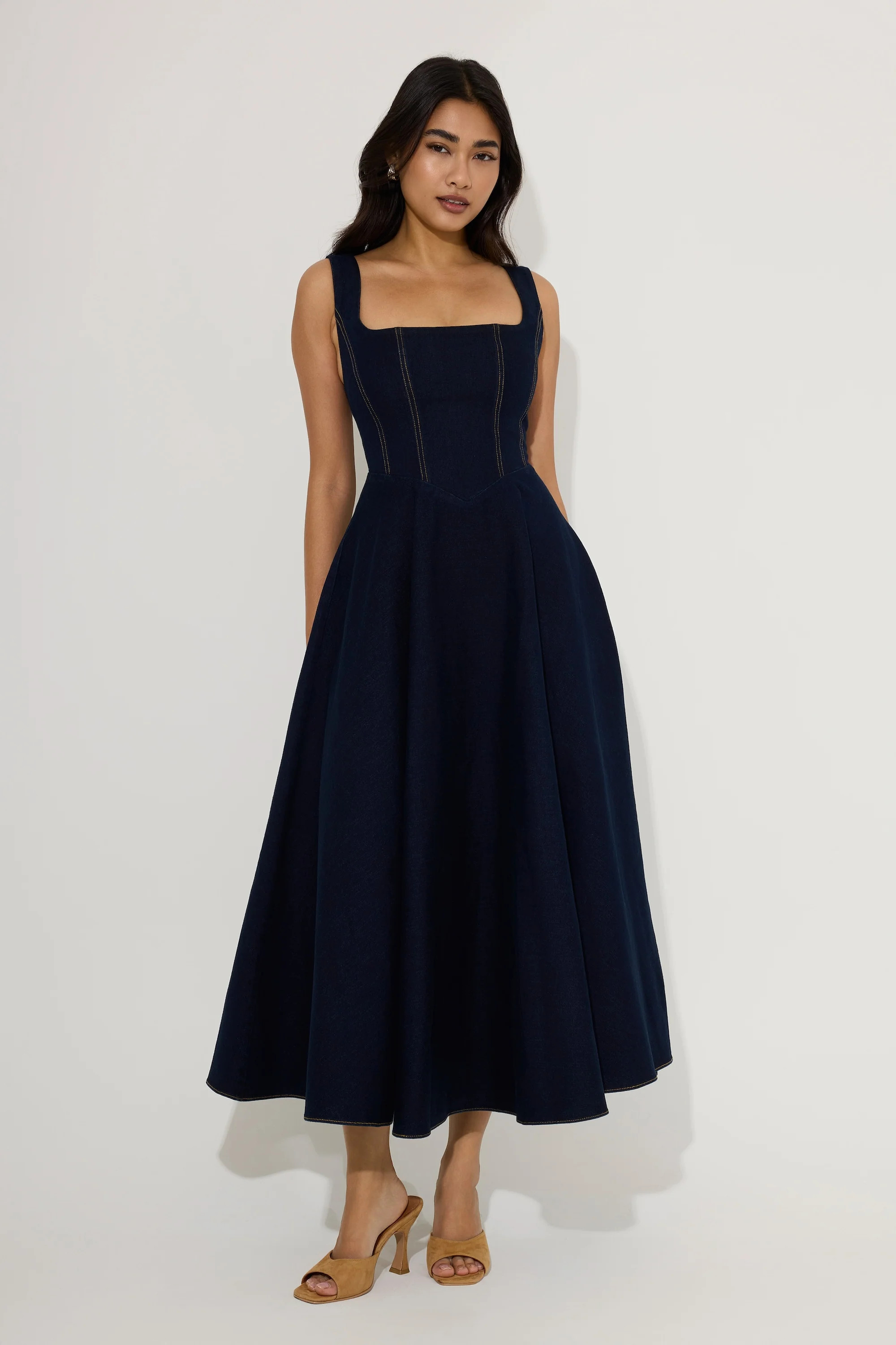 Cotton Mix Denim Square Neck Midi Dress | Odd Muse