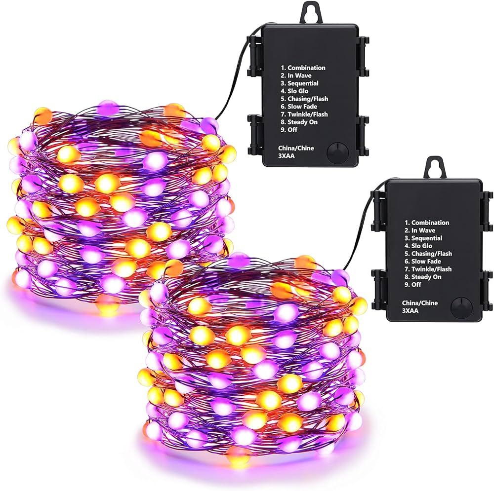 Lomotech Orange Purple Halloween Lights, 2 Pack 16.4ft 50 LED Battery Operated Halloween Fairy Li... | Amazon (US)
