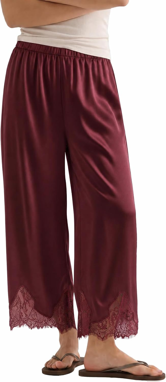 Tankaneo Womens Silk Satin Lace Trim Pants Wide Leg Elastic Pajama Pants | Amazon (US)