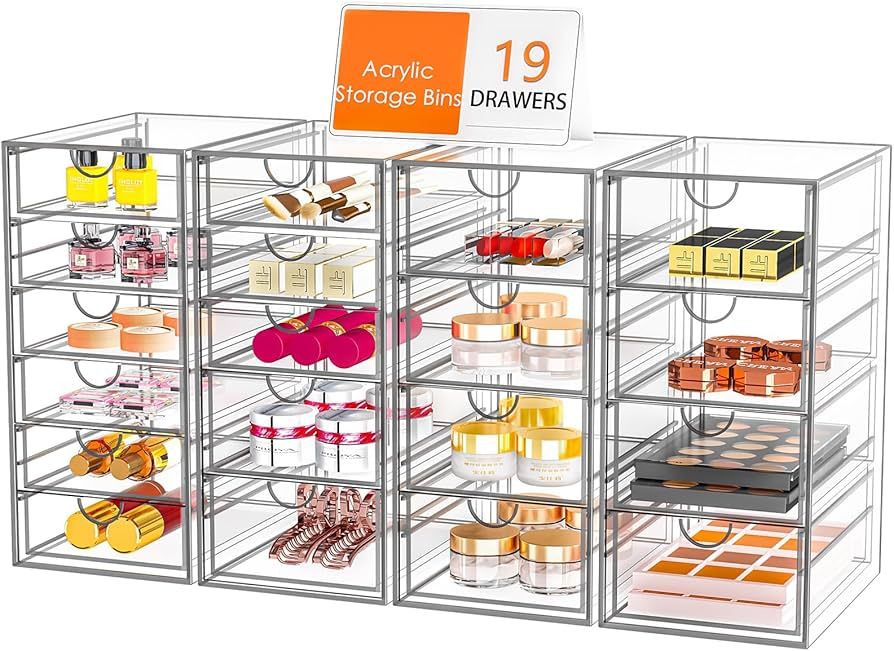 Acrylic Makeup Organizer with 19 Drawers, 4 Pack Clear Storage Drawers, Bathroom Makeup Organizer... | Amazon (US)