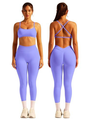 ABOCIW Workout Sets for Women 2 Piece Seamless Strappy Sports Bra V Scrunch Butt Lifting High Waist Leggings Gym Set Yoga Active Wear Pilates Outfits Athletic Work Out Clothes S-Purple Large | Amazon (US)