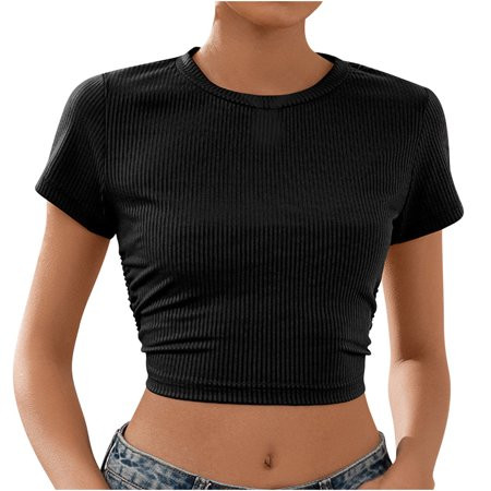 RKZDSR Womens Crop Top Summer Fashion Y2k Tops Ribbed Slim Fit Tank Top Casual Round Neck Tees Short | Walmart (US)