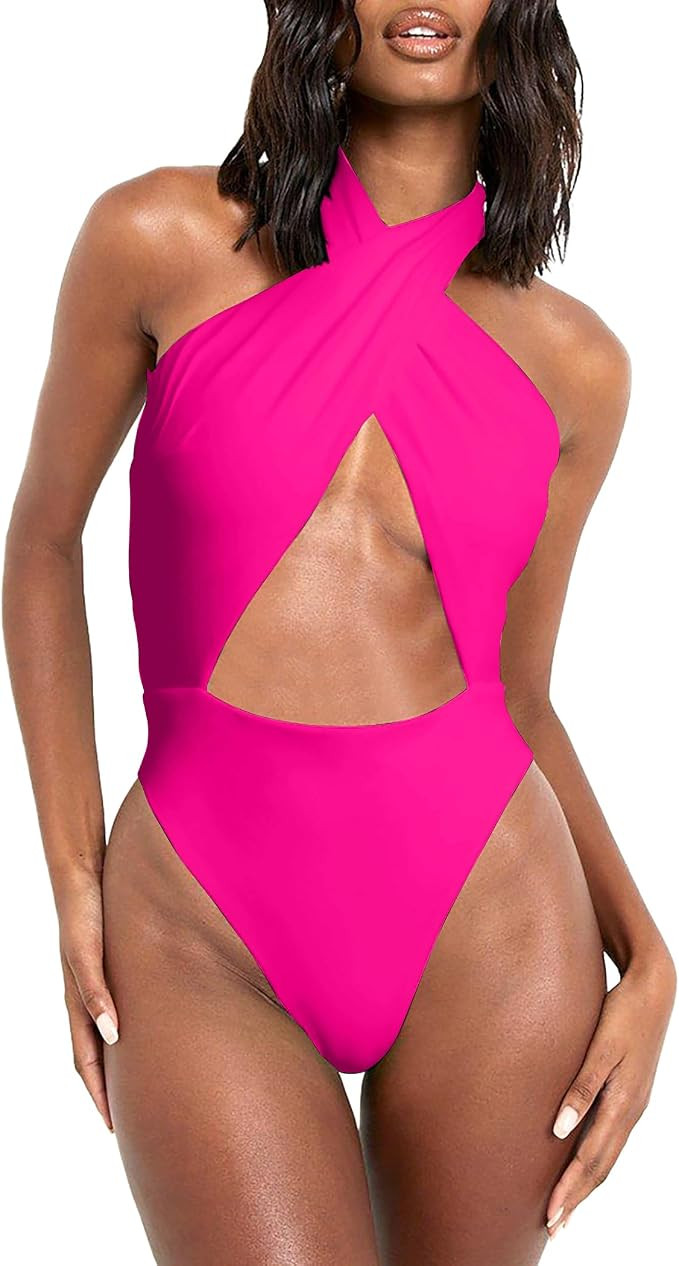Women's Sexy Halter Criss Cross Swimsuit Cut Out One Piece Bathing Suit High Cut Swimwear | Amazon (US)