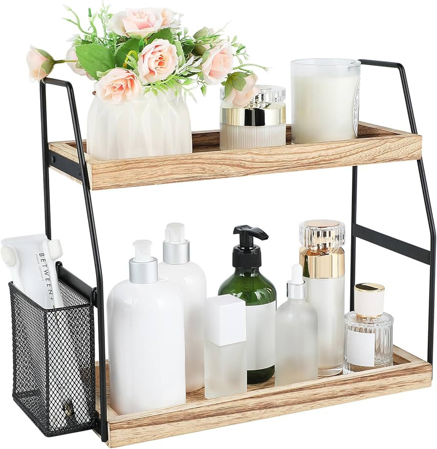 Bathroom Counter Organizer, 2-Tier Standing Storage Shelf with Basket, Wood Tray for Skincare Van... | Amazon (US)