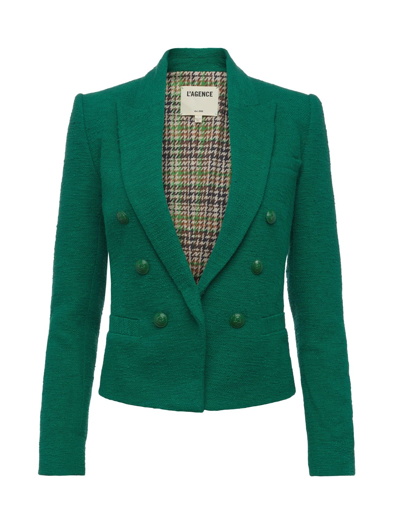 L'AGENCE Brooke Tweed Blazer In Clover Green/Green Multi Twill Plaid | L'Agence