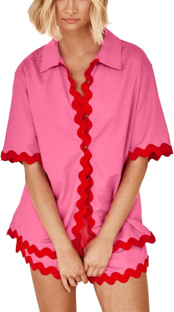 hathne Women's 2 Pieces Outfits Summer Ruffle Shorts Set Short Sleeve Shirts and Shorts Sets Loun... | Amazon (US)