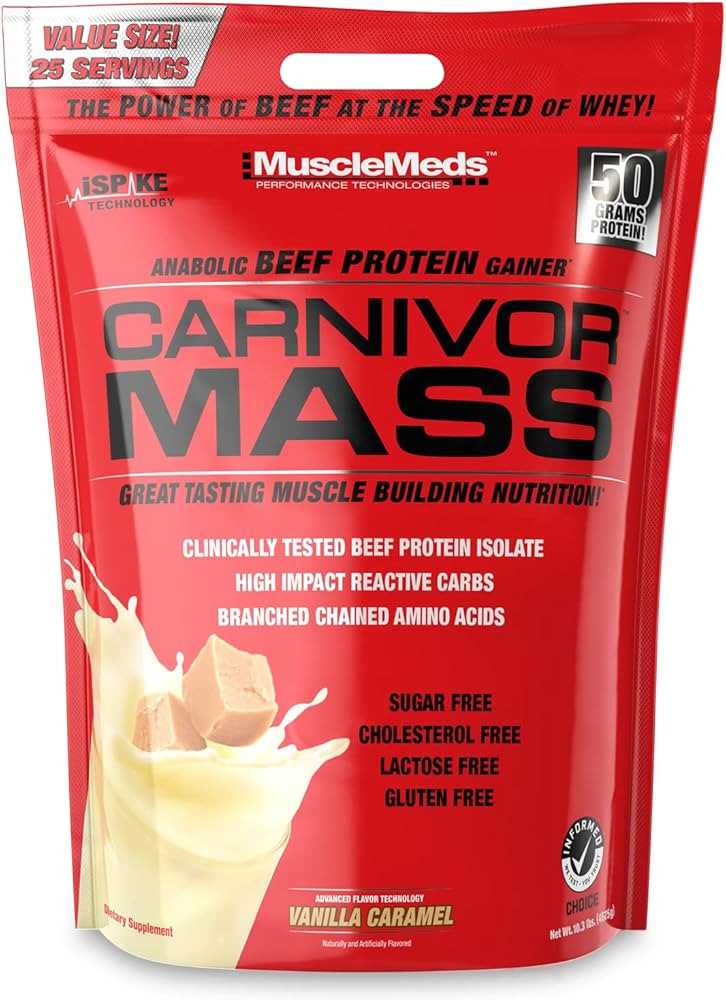 MuscleMeds Carnivor Mass Anabolic Beef Protein Gainer, Vanilla Caramel, 10 Pounds | Amazon (US)