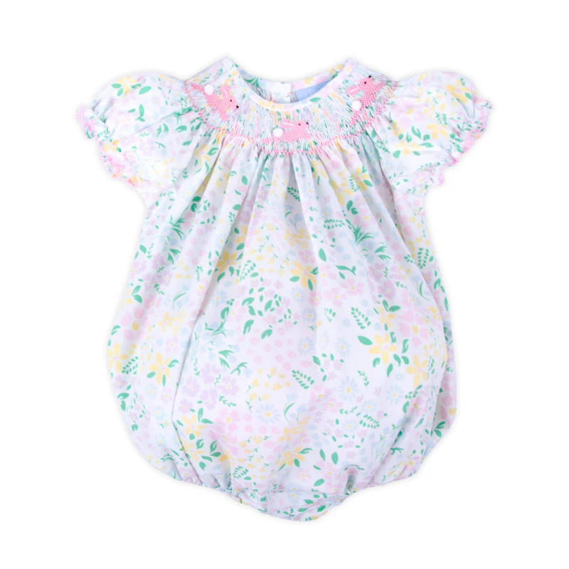 Hopping Bunny Smocked Garden Floral Bubble | Classic Whimsy