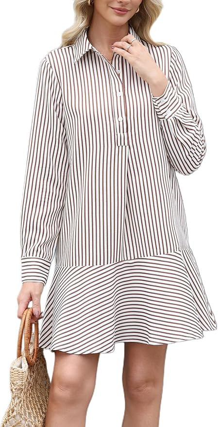 Womens Striped Shirt Mini Dress Long Sleeve Collared Ruffle Hem Button Up Tunic Flowy Swing Dress... | Amazon (US)