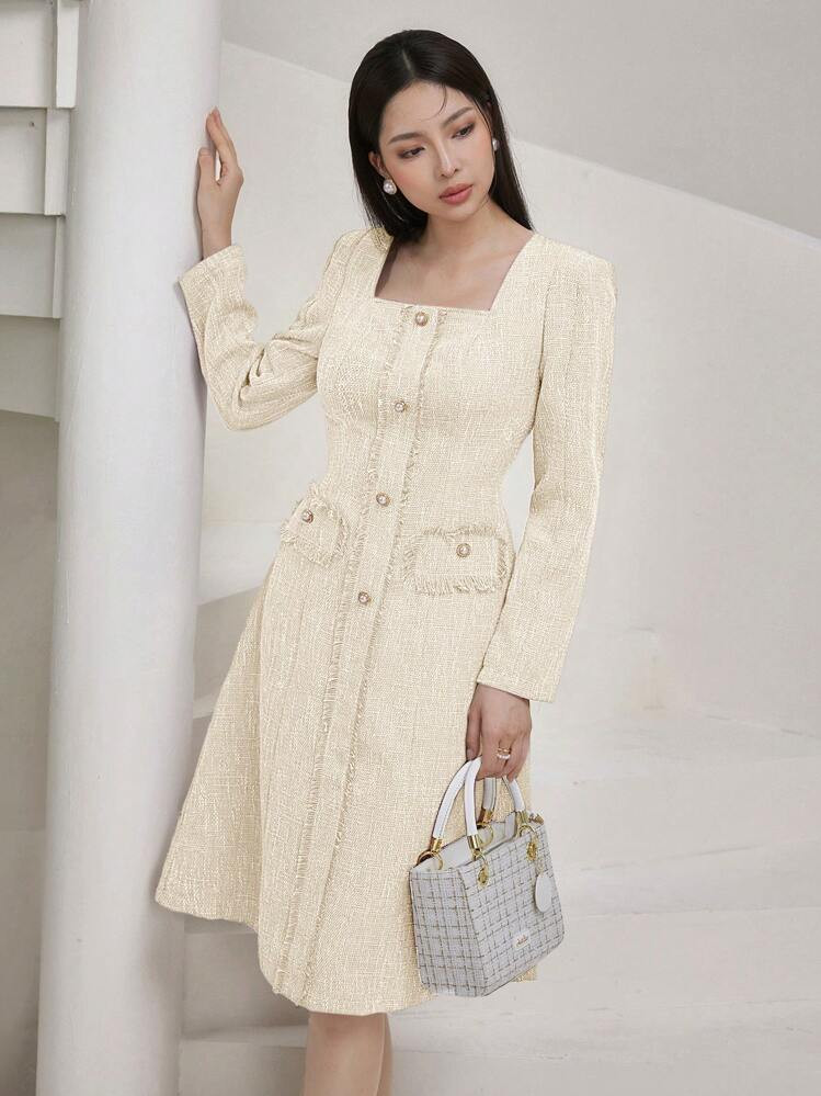 Heiryn Women's Elegant Fringe Tweed Button Decoration Square Collar Waist Fit Long Sleeve Dress, ... | SHEIN