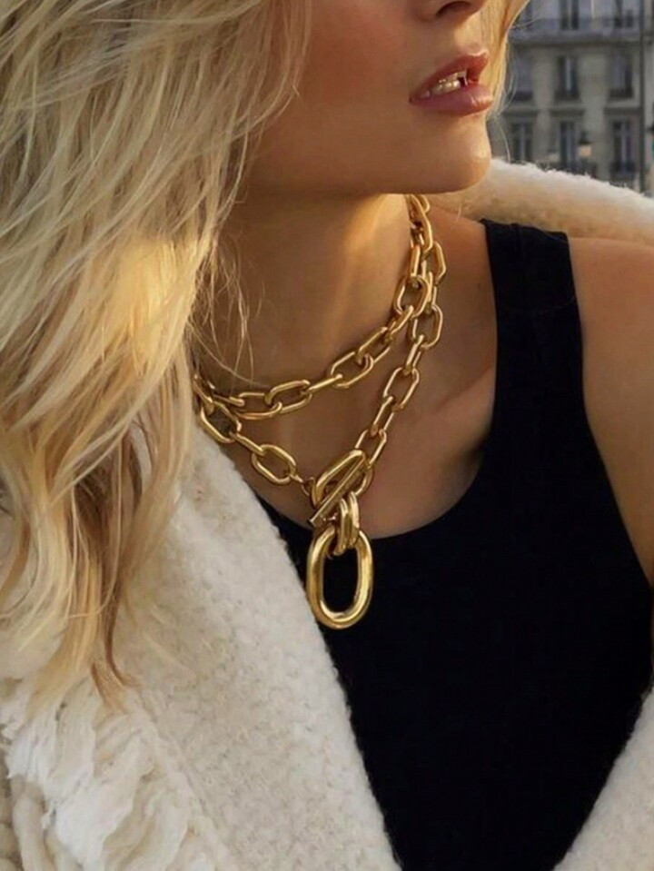 1pc Multi-Layered Metal Chunky Gold Chain Necklace For Layering, Hip-Hop Punk Style Bold OT Clasp... | SHEIN