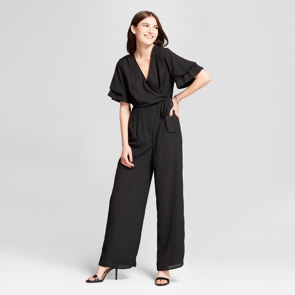 Women's Ruffle Sleeve Wrap Tie Jumpsuit - Éclair Black L, Size: Small | Target