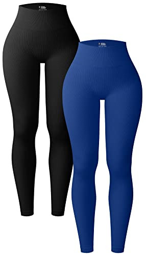 OQQ Women's 2 Piece Yoga Leggings Ribbed Seamless Workout High Waist Athletic Pants Black Darkblue | Amazon (US)