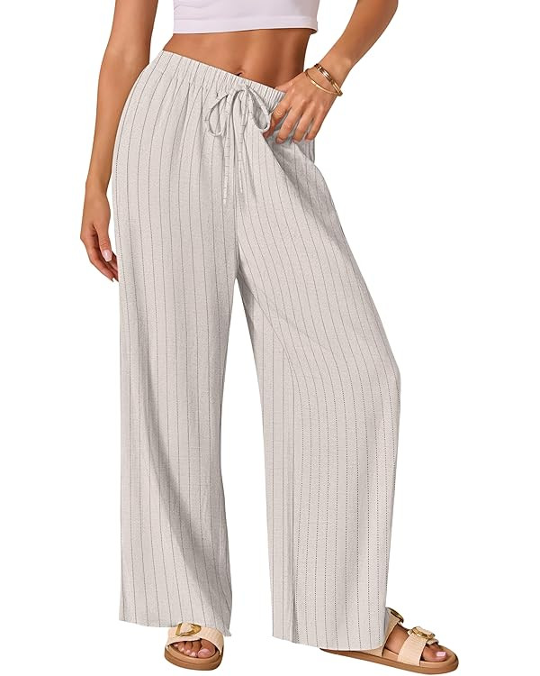 AISEW Women's Cotton Linen Palazzo Pants Drawstring Elastic Waist Casual Wide Leg Long Lounge Tro... | Amazon (US)