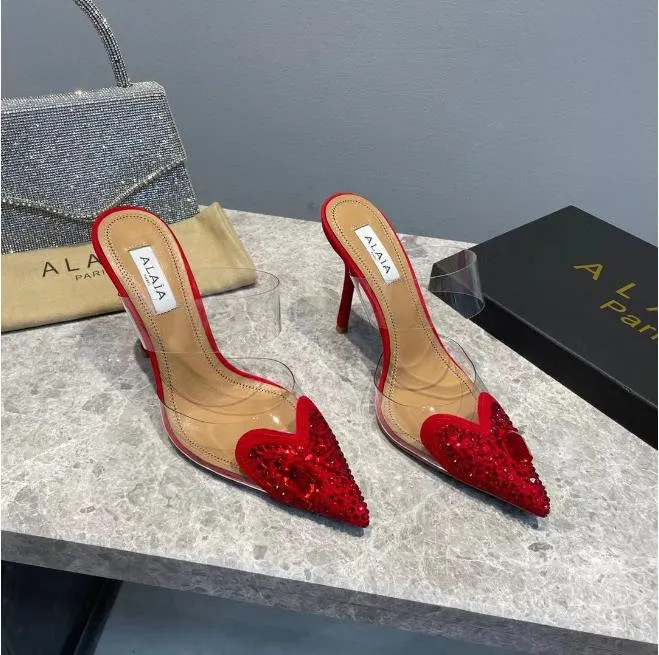 Designer Women Sandals Luxury Sparkling Crystal Heart Shaped Pointed Dress Sxey Heart Shaped Mule... | DHGate