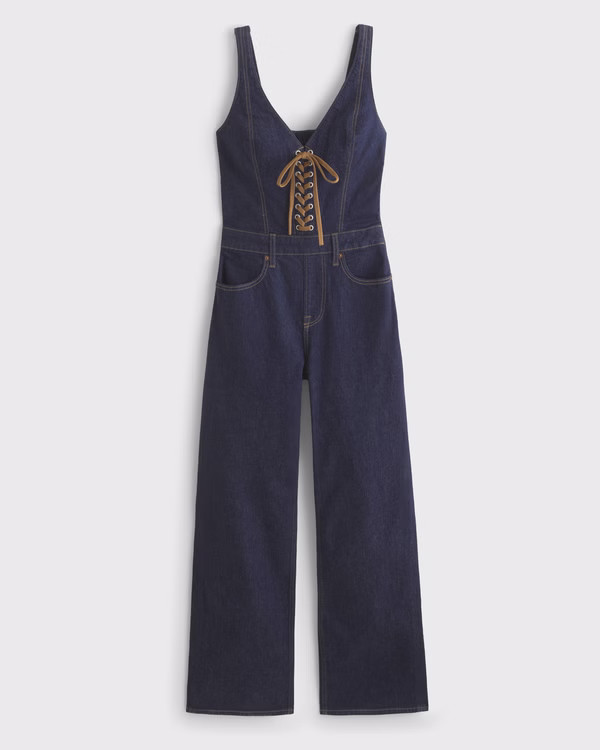 Vegan Suede Lace-Up Denim Jumpsuit | Abercrombie & Fitch (US)