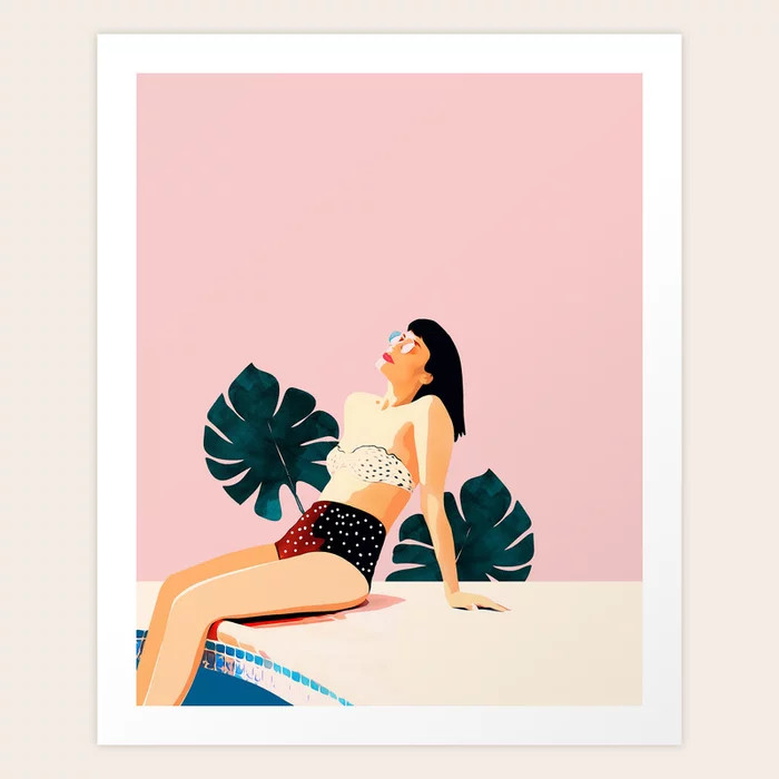 Sunday, Summer Swim Poolside Fashion, Bohemian Woman Sunbath Tan Bikini Monstera Tropical Travel ... | Society6