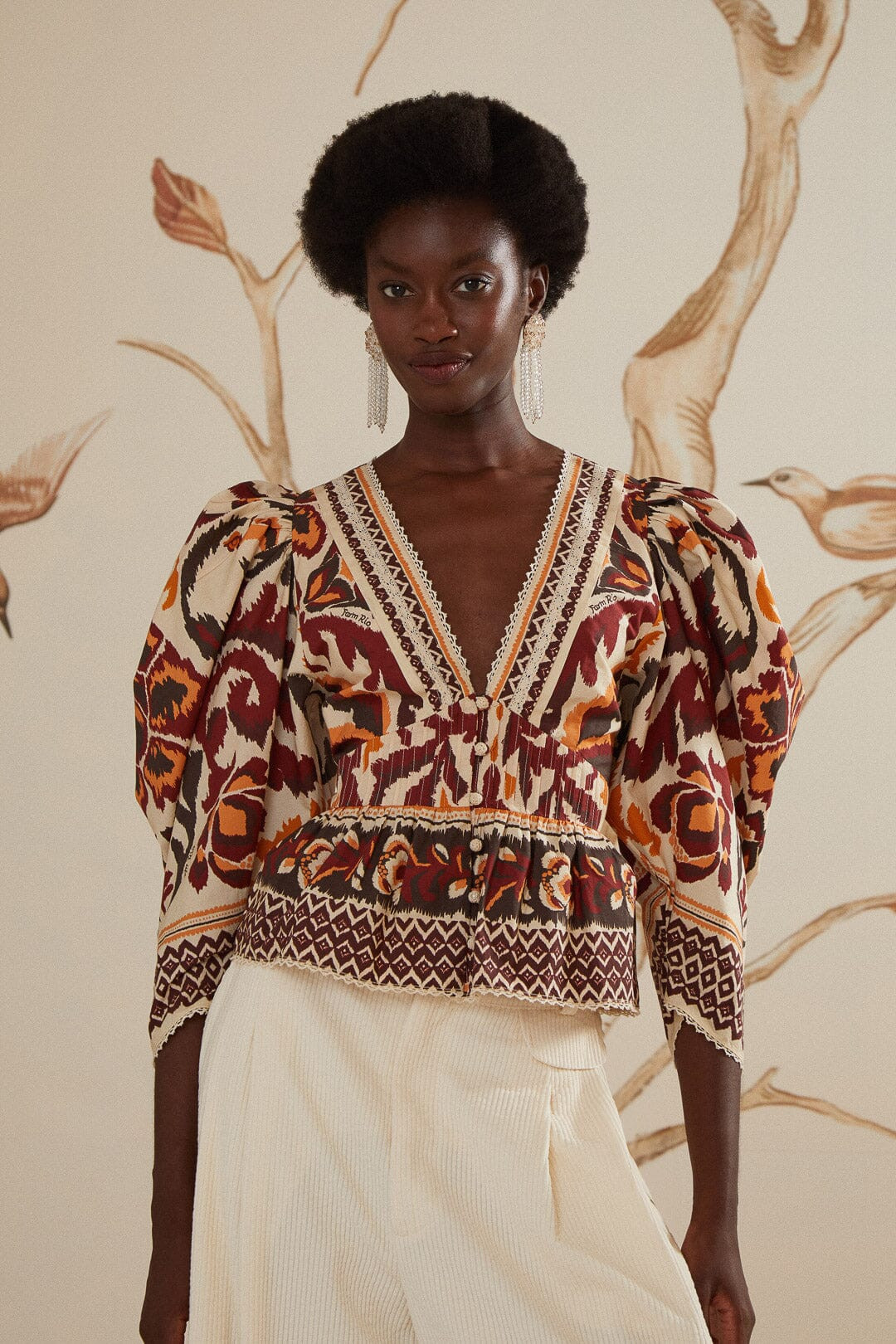 Cream Toucans Scarf Puff Sleeve Blouse | FarmRio (US)