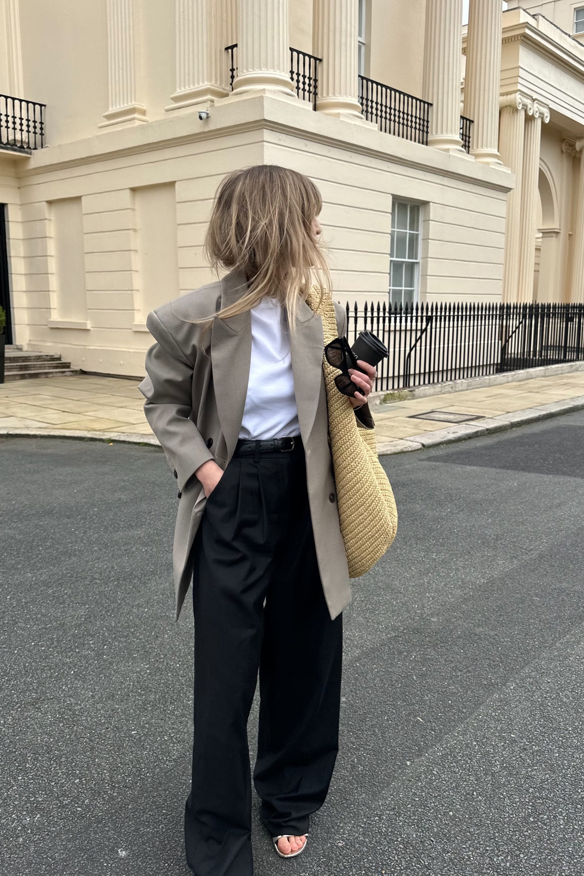 Beige blazer, white t-shirt, black wide leg trousers, sandals, raffia bag

#LTKstyletip #LTKeurope #LTKSeasonal