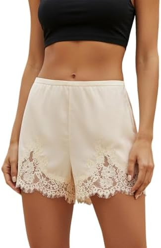 Women Satin Silk Lace Shorts Lace Trim Satin Pettipants Elastic Waist Silk Slip Shorts Lounge Bot... | Amazon (US)