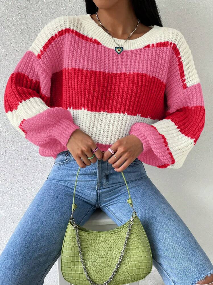 EMERY ROSE Loose Fit Drop Shoulder Color Block Sweater Knit Pullover Fall Winter Outfit | SHEIN