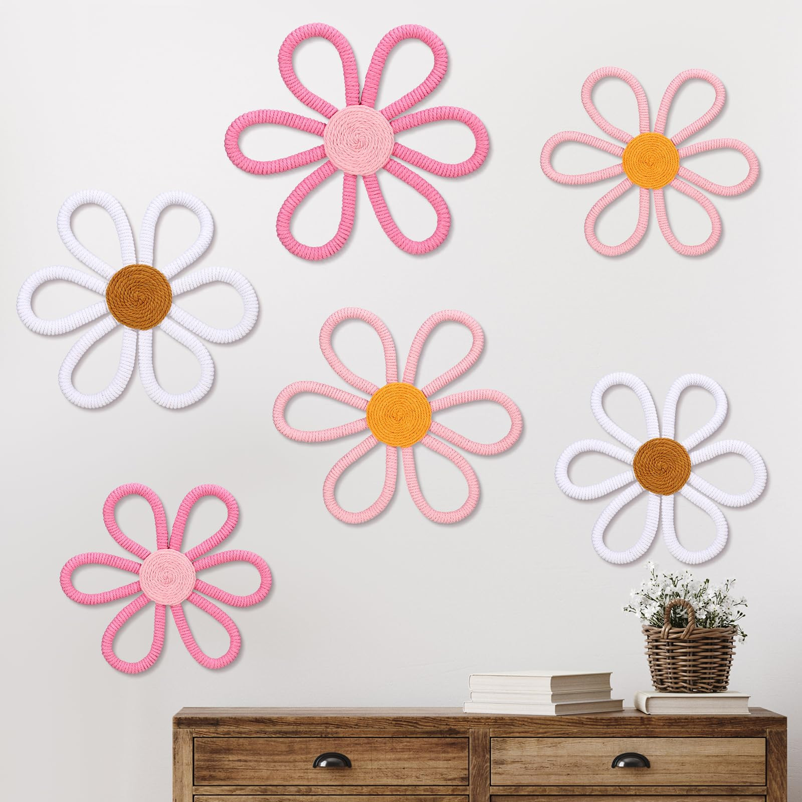 Barydat 6 Pcs Boho Nursery Decor Daisy Flower Woven Macrame Wall Hanging 3 Size Daisy Flower Wall Decor Bohemian Nursery Decorations for Home Dorm Art(Cute Color) | Amazon (US)