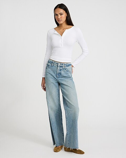 Fitted Ribbed Long Sleeve Henley Tee | Express