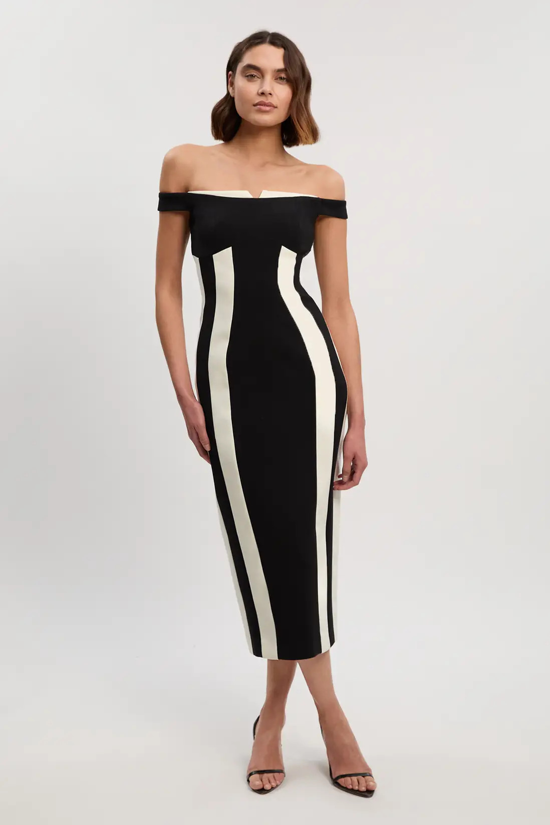 Compact Stretch Colour Block Tailored Bardot Midi Dress | Karen Millen US