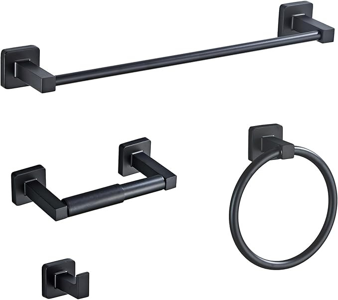 Matte Black Bathroom Hardware Set 4 Pieces,Towel Bar Set Stainless Steel Wall Mounted, Includes 1... | Amazon (US)
